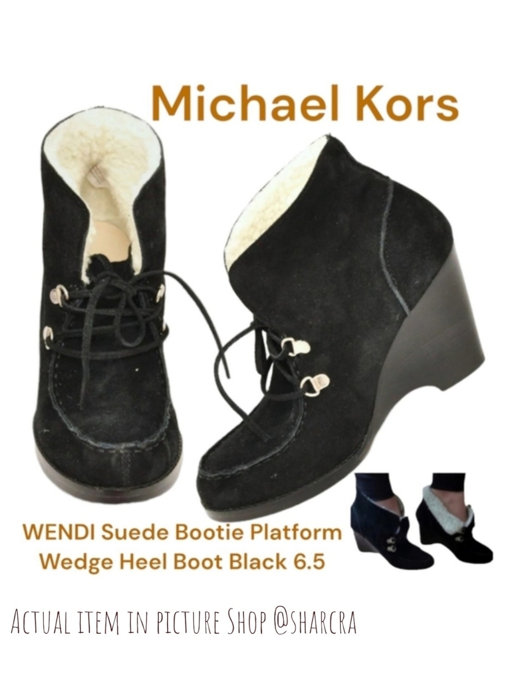 Michael Kors Wendi Bootie Suede faux Shearling Wool black Wedge heeled boots 6.5